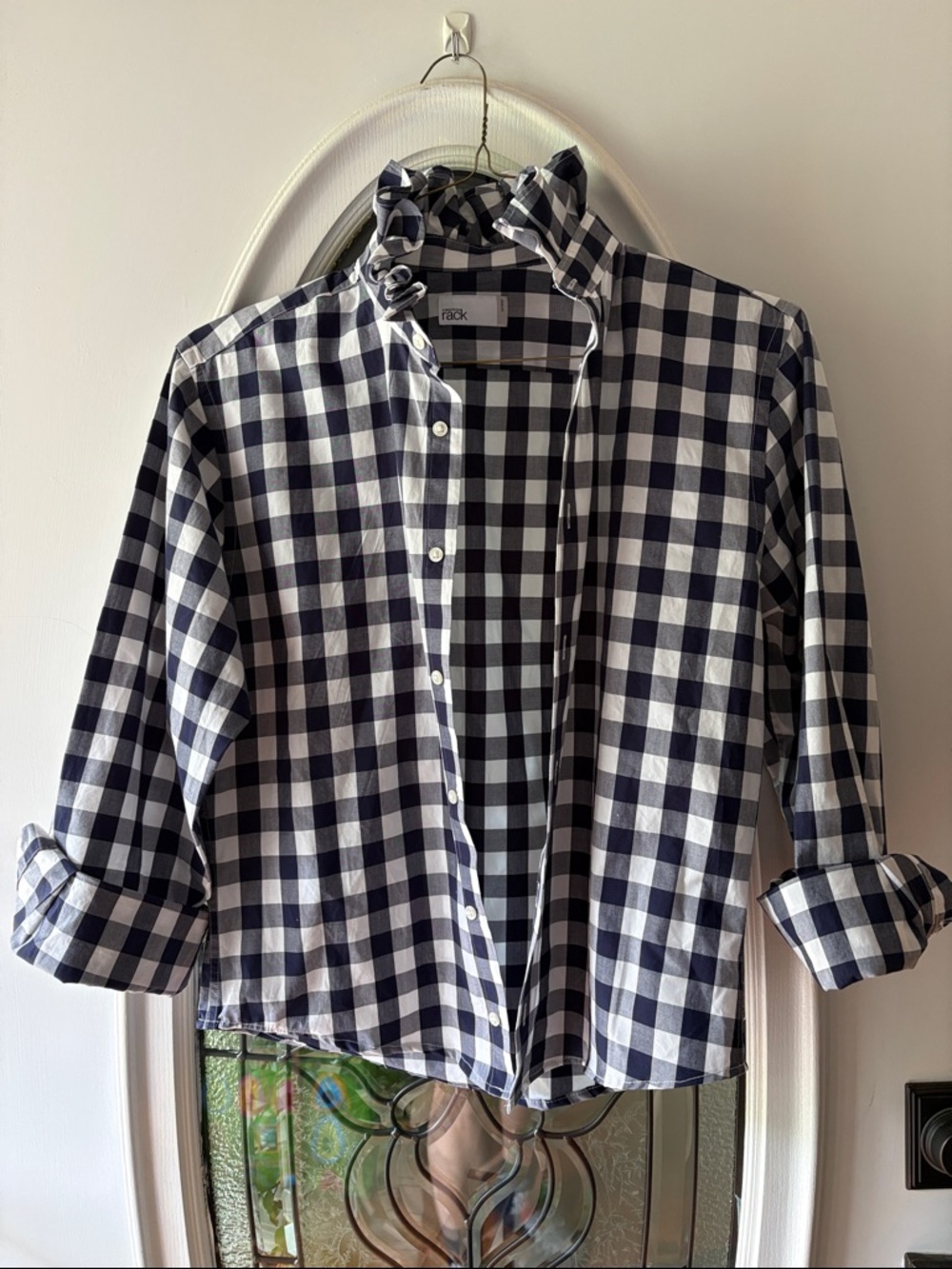 Navy Blue & White Gingham Button-Up Shirt - up-cycled ruffle collar shirt.